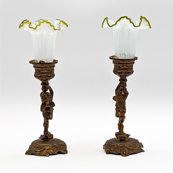 Antique Cherub Candle Holders Gilt Bronze w Hand Blown Ruffled Glass Green Rim - Picture 8 of 13